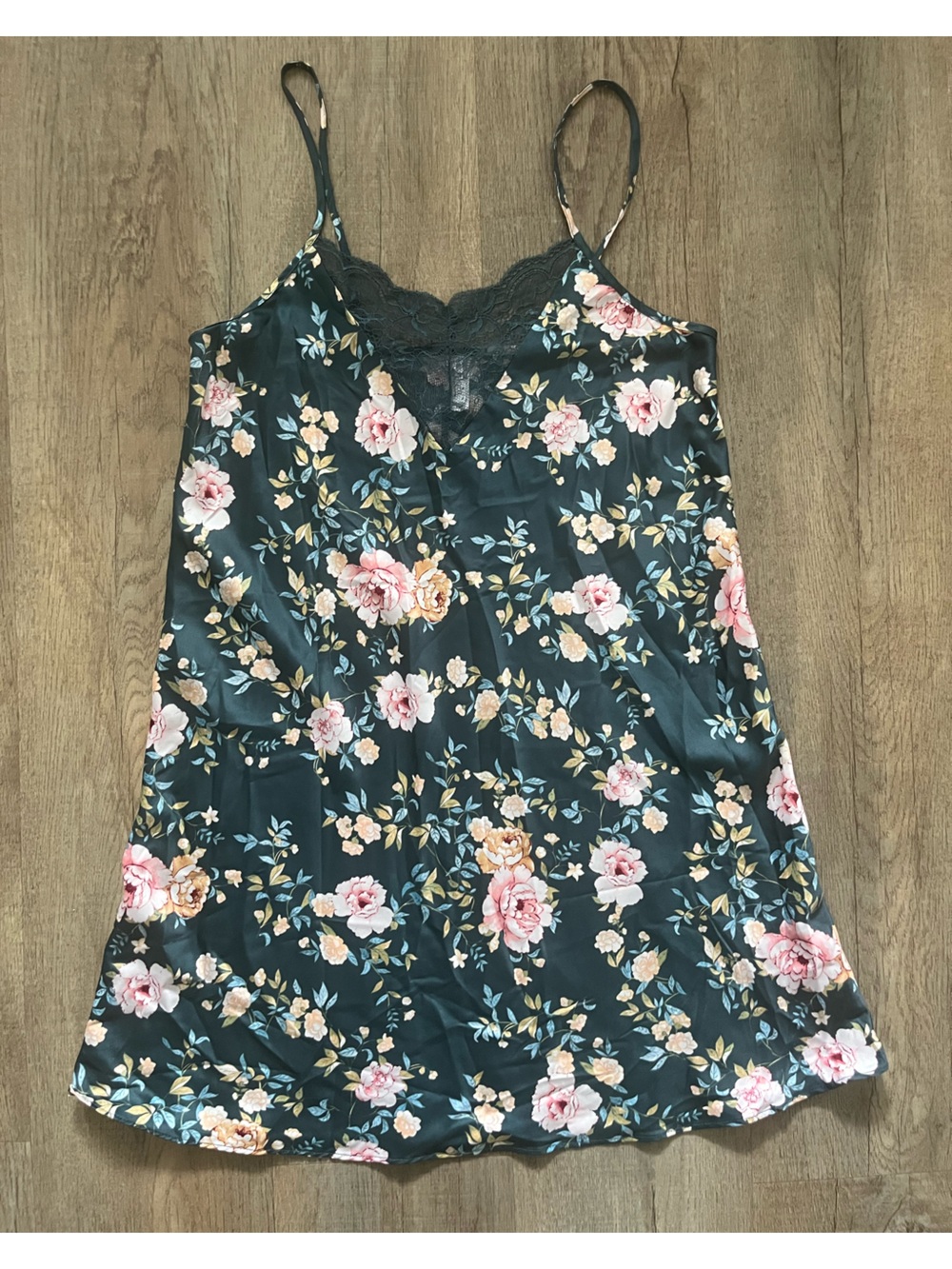 Flora Nikrooz Dark Teal Satin Camisole with Pink Rose Print